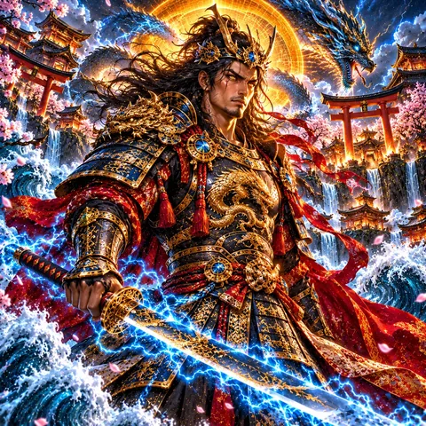 Susanoo, Japanese god of storms, pixel art